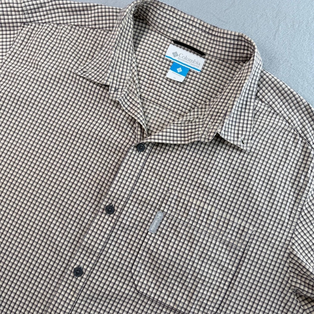 Columbia Shirt Mens XL Tan Black Micro Check Long Sleeve Button Down Hiking